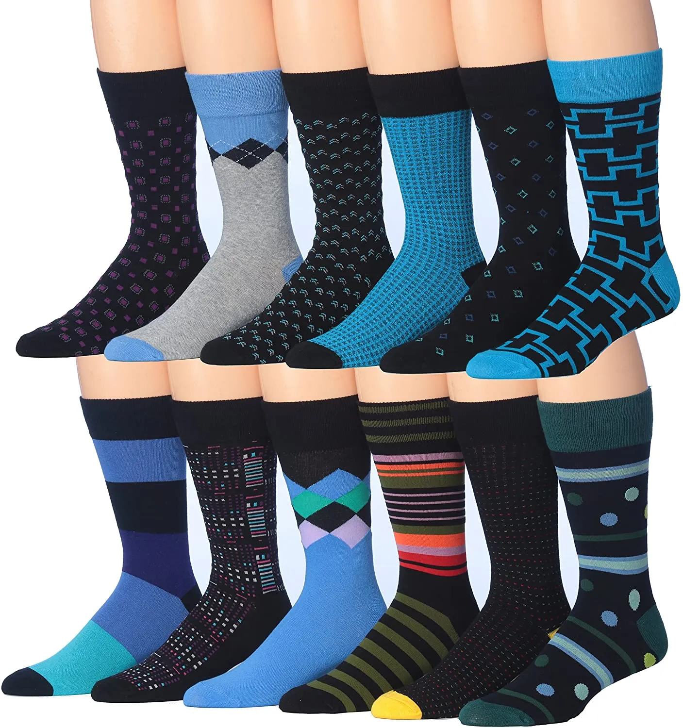 Mens 12-Pairs Funny Funky Crazy Novelty Colorful Patterned Dress Socks