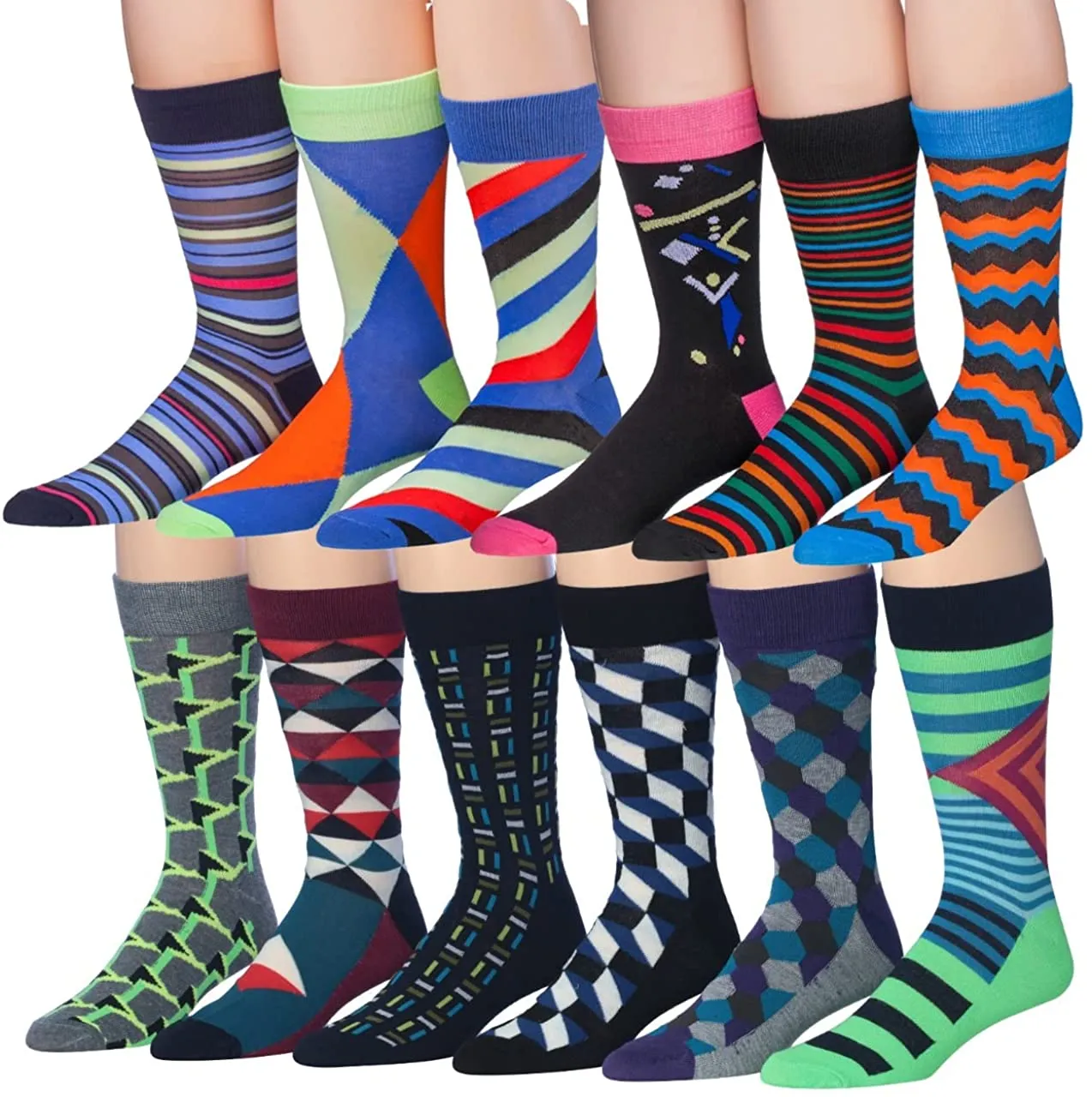 Mens 12-Pairs Funny Funky Crazy Novelty Colorful Patterned Dress Socks