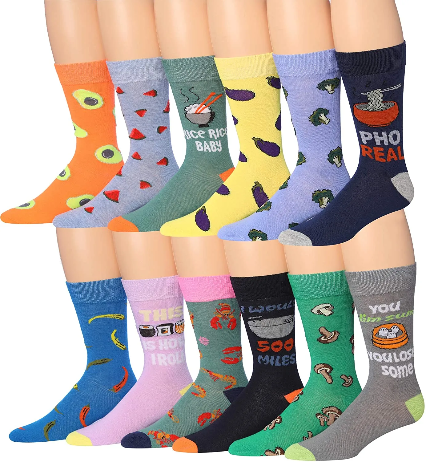 Mens 12-Pairs Funny Funky Crazy Novelty Colorful Patterned Dress Socks