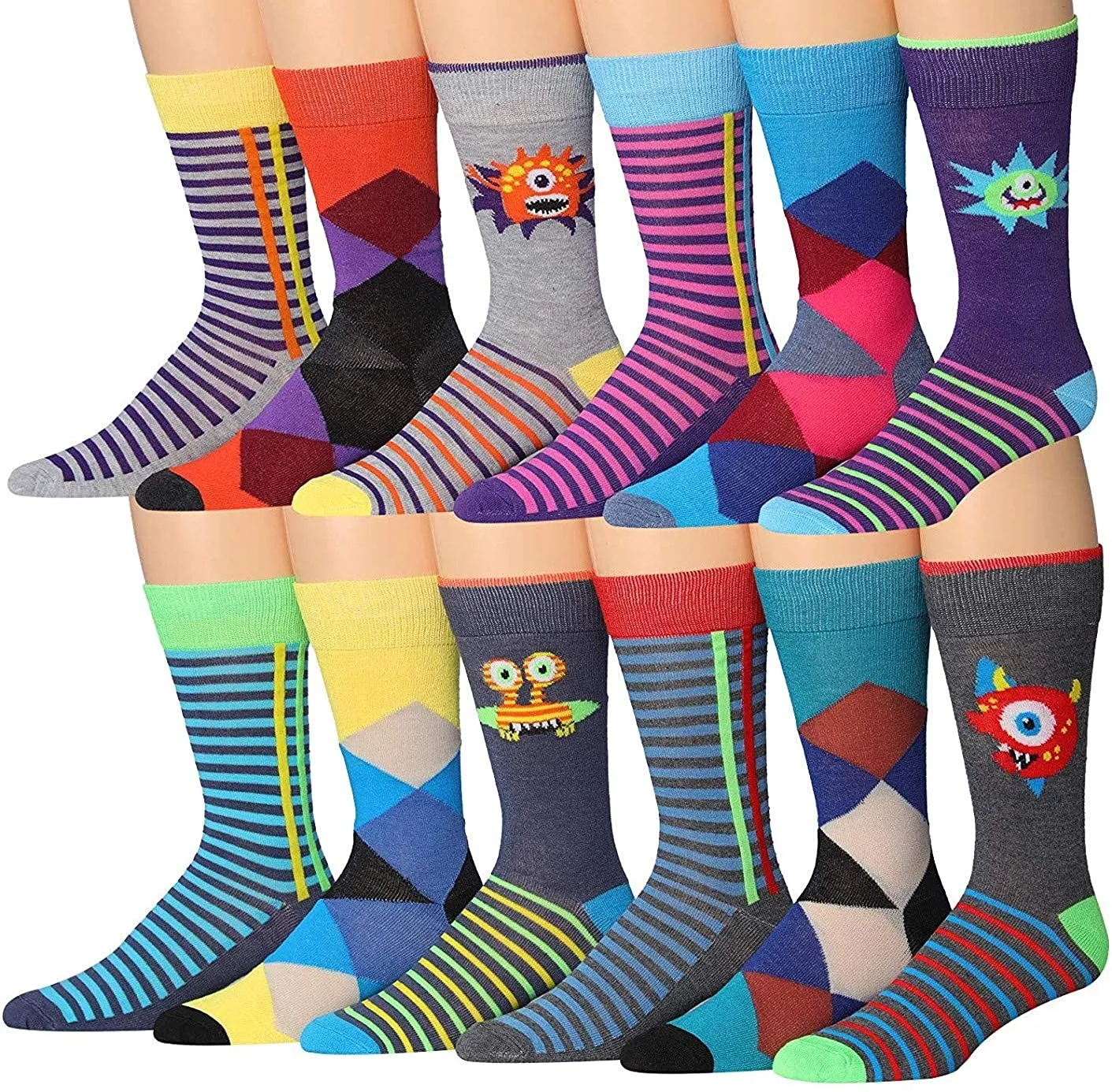 Mens 12-Pairs Funny Funky Crazy Novelty Colorful Patterned Dress Socks