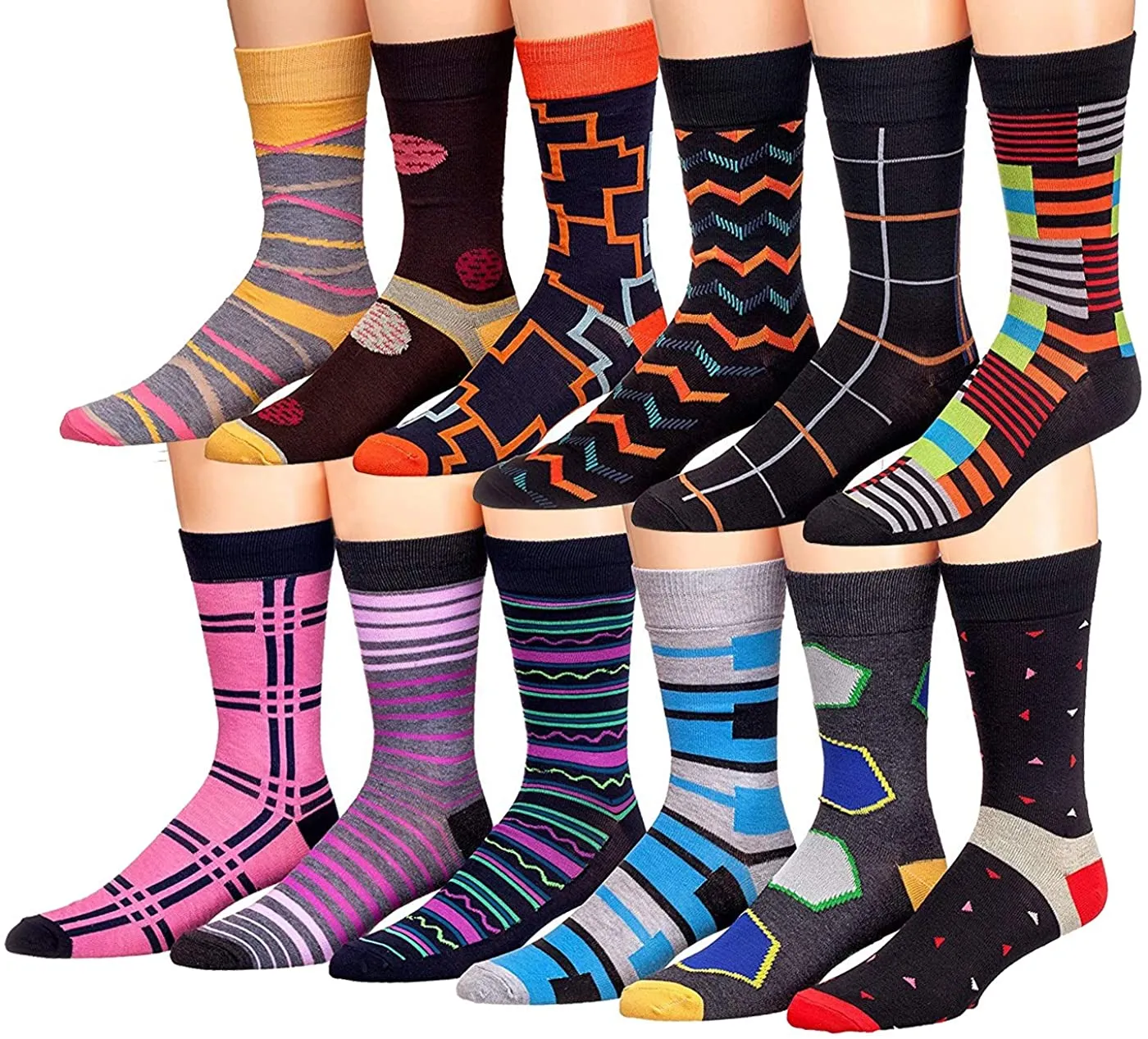 Mens 12-Pairs Funny Funky Crazy Novelty Colorful Patterned Dress Socks