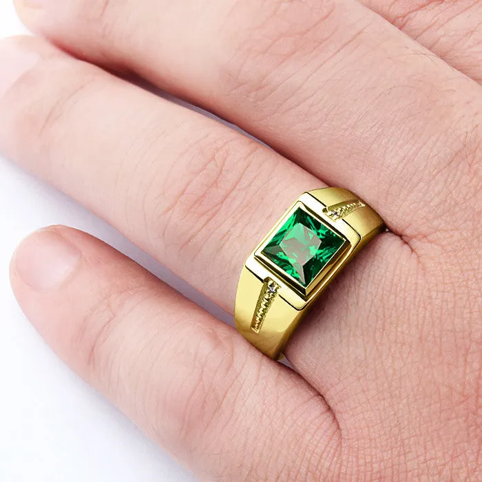 Men's Diamond Ring 14K Yellow Gold with Green Emerald Gemstone, Genuine Diamonds Ring for Men