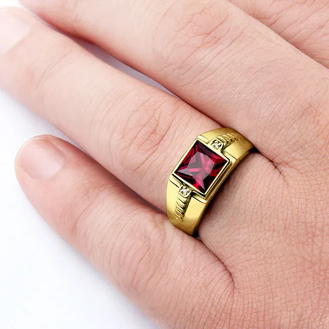 Men's Ring with Natural Diamonds and Red Ruby in 10K Yellow Gold