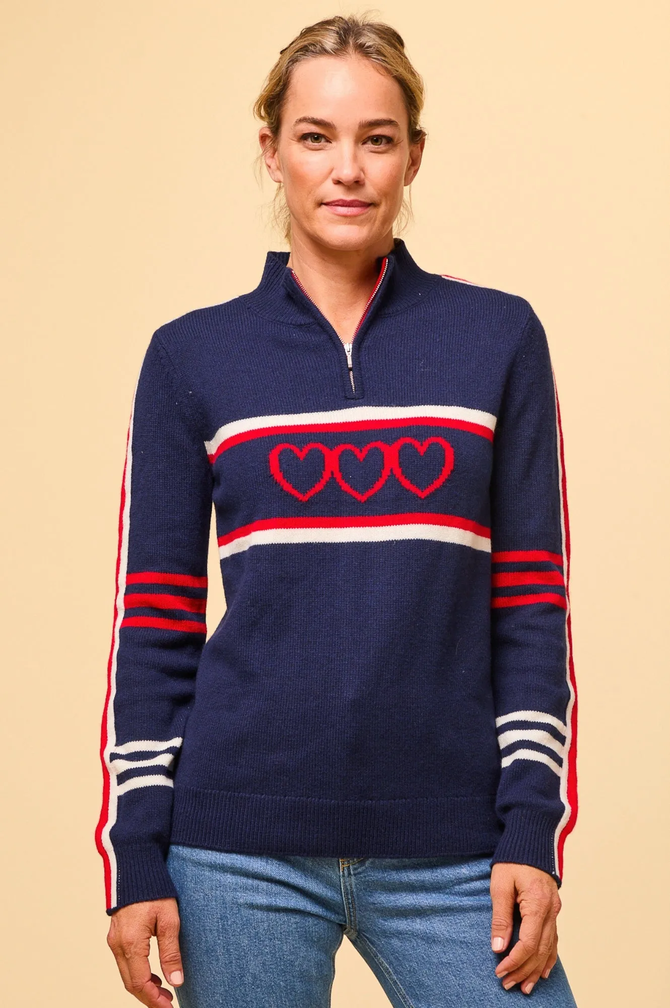 Merino Wool Stripe Hearts Quarter Zip | Navy/Cream/Red