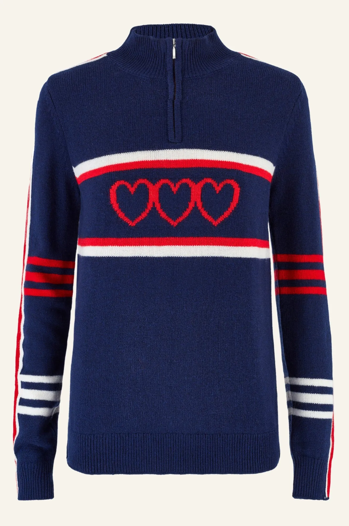 Merino Wool Stripe Hearts Quarter Zip | Navy/Cream/Red