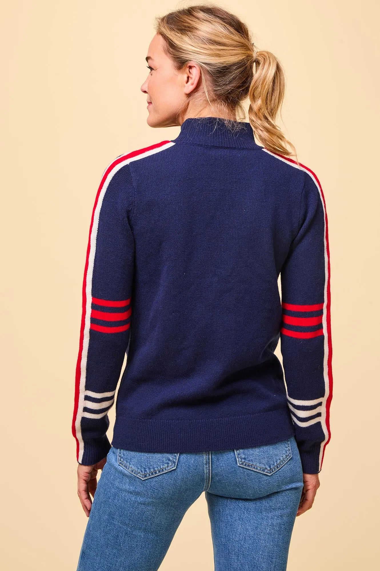 Merino Wool Stripe Hearts Quarter Zip | Navy/Cream/Red