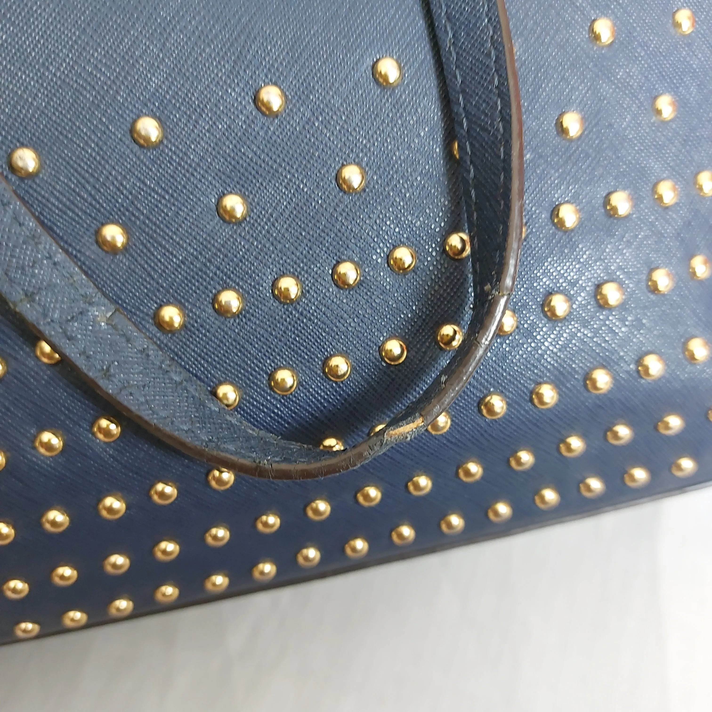 Michael Kors Navy Blue Leather Large Jet Set Gold Studded Tote | Pre Loved |