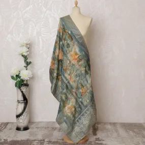 Misty Floral Brocade Dupatta with Silver Border - 225x80 cm, Crafted in India-D19092