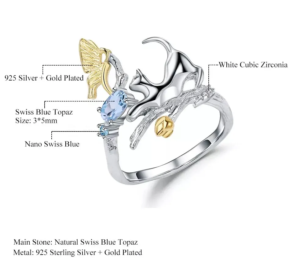 Natural Gemstone Fine Jewelry Cat Ring in Solid Sterling Silver and 18K Gold Plating