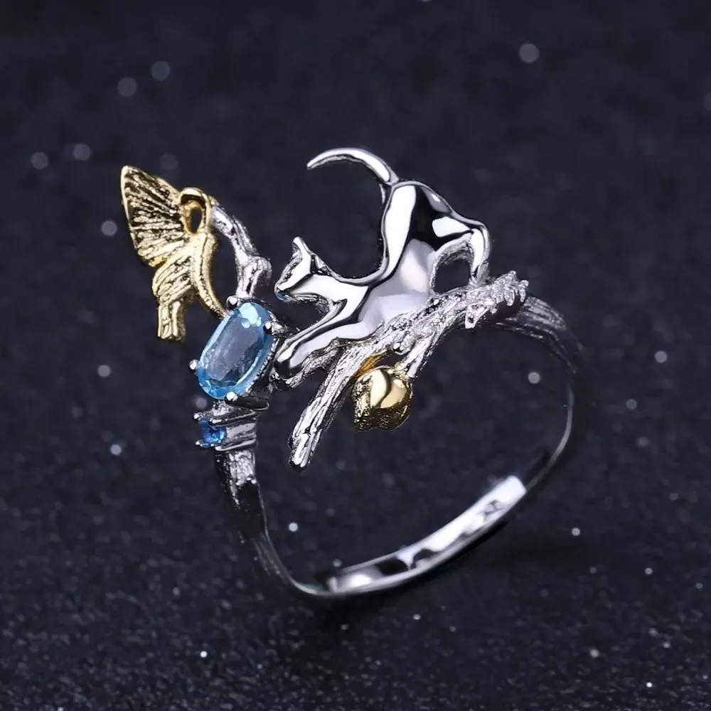 Natural Gemstone Fine Jewelry Cat Ring in Solid Sterling Silver and 18K Gold Plating