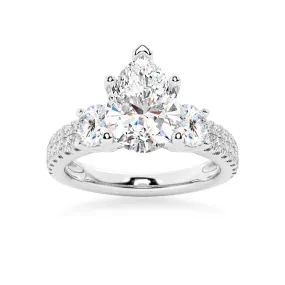 NEW Double Row Pave Three Stone Pear Shaped Moissanite Engagement Ring