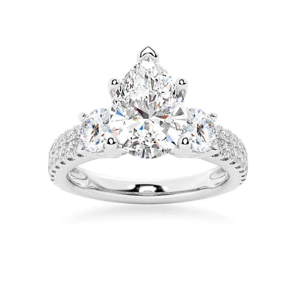 NEW Double Row Pave Three Stone Pear Shaped Moissanite Engagement Ring