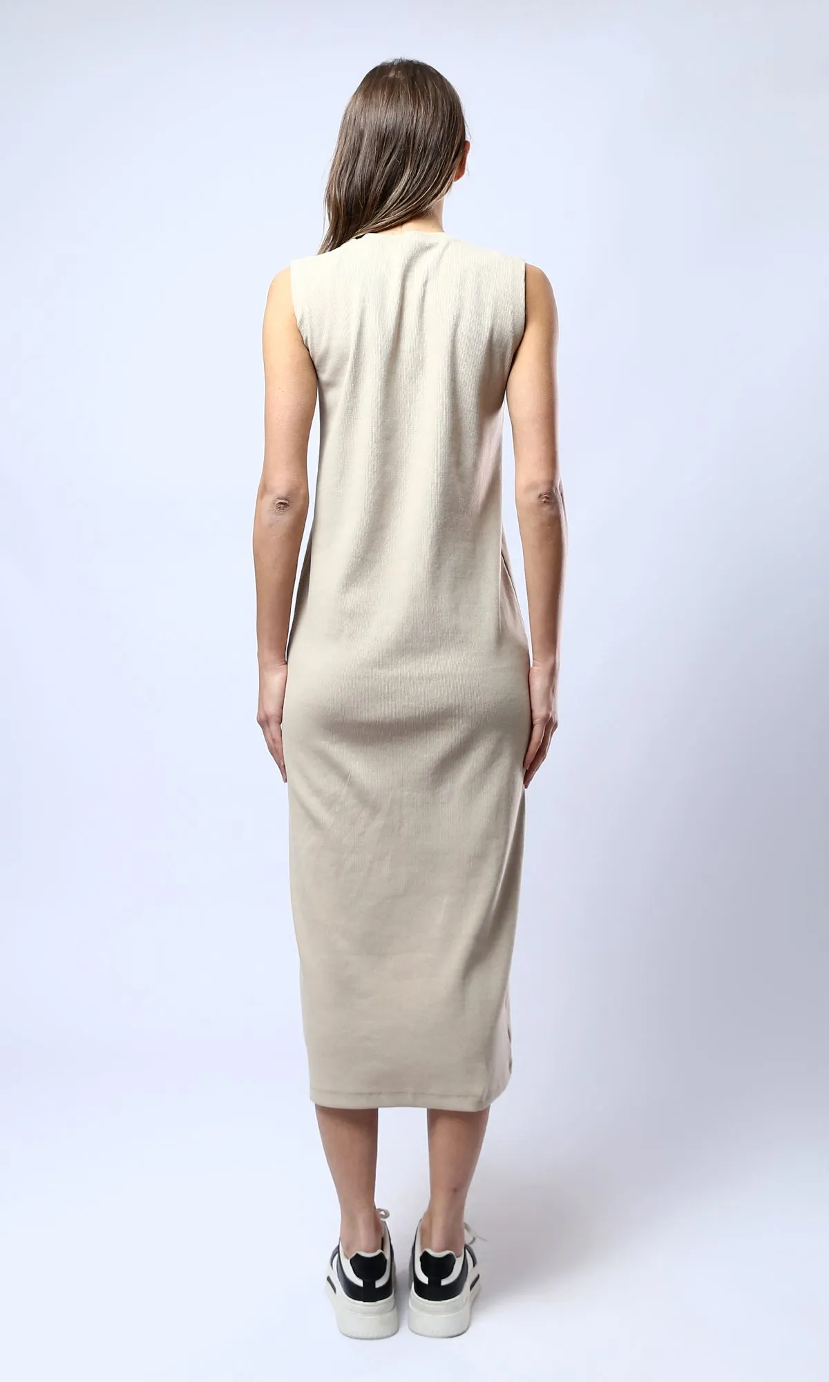 O181649 Self Ribbed Dark Beige Cotton Bodycon Dress