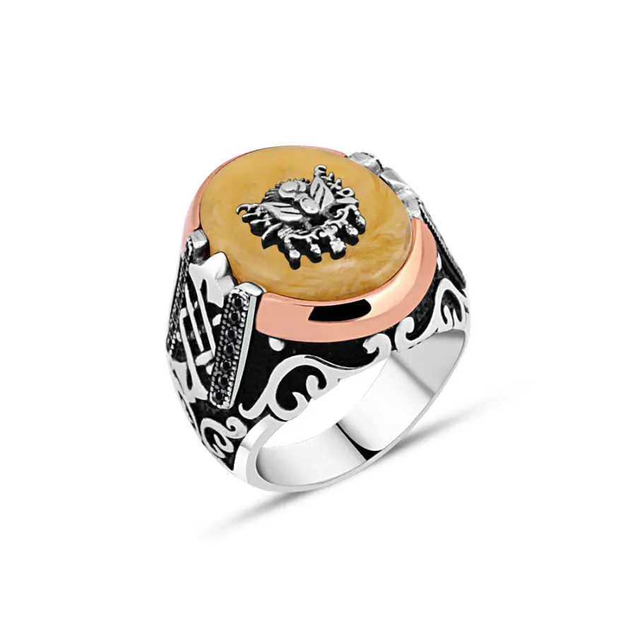 Ottoman Empire Coat of Arms on Yellow Ellipse Synthetic Amber Stone Silver Men's Ring Siding Braid Pattern and Zircons