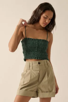 Pine Green Solid Smocked-Bodice Cropped Cami Top