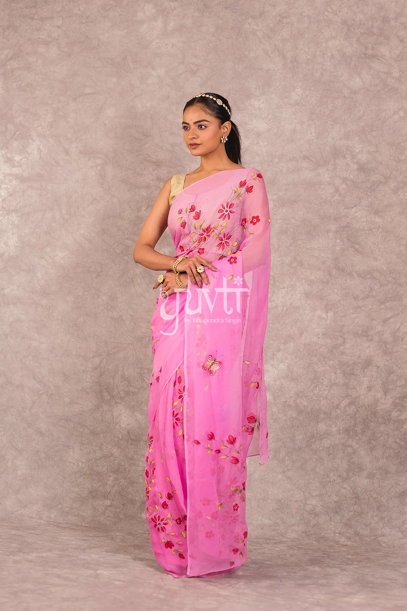 Pink Viscose Chiiffon Handpainted Saree