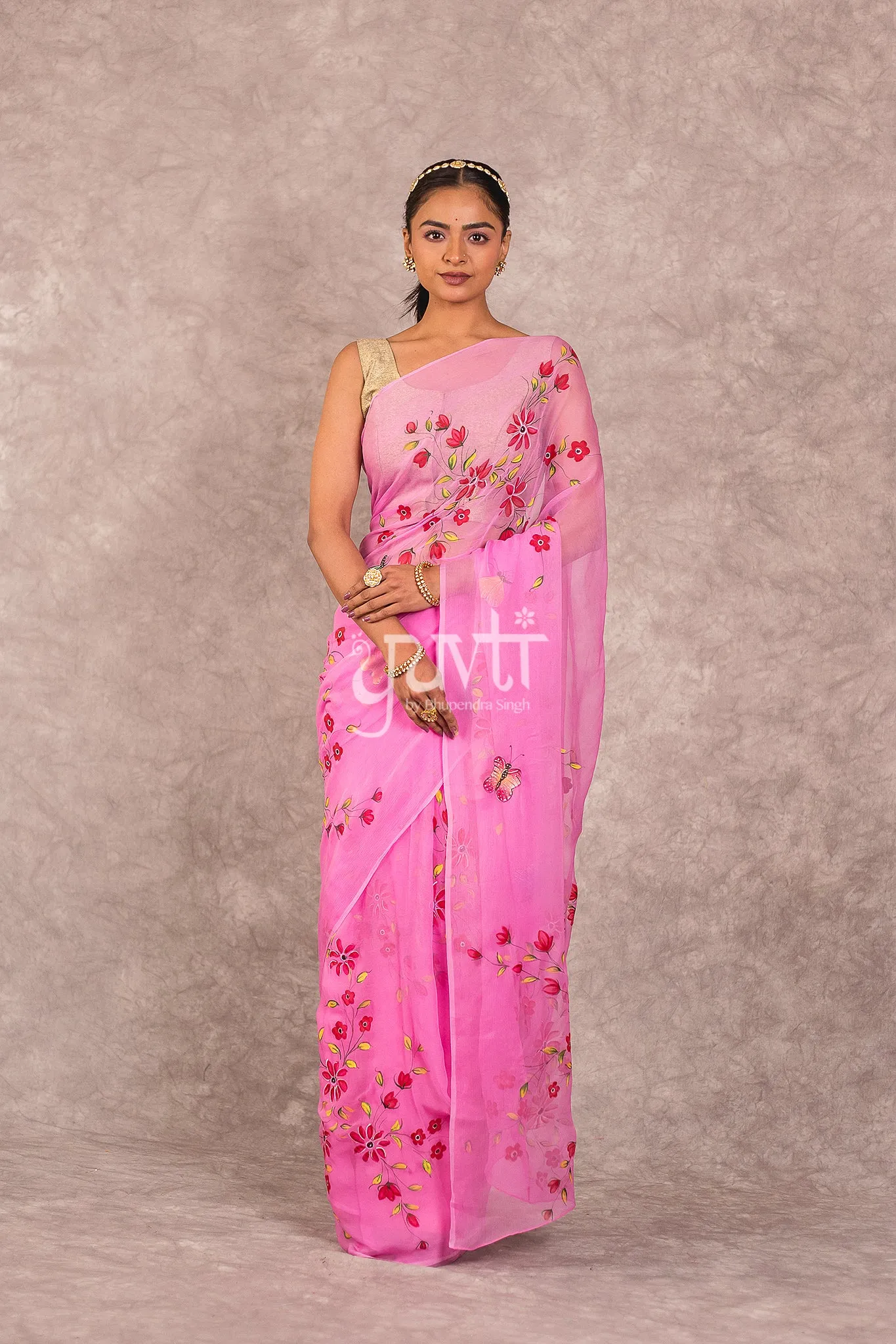 Pink Viscose Chiiffon Handpainted Saree