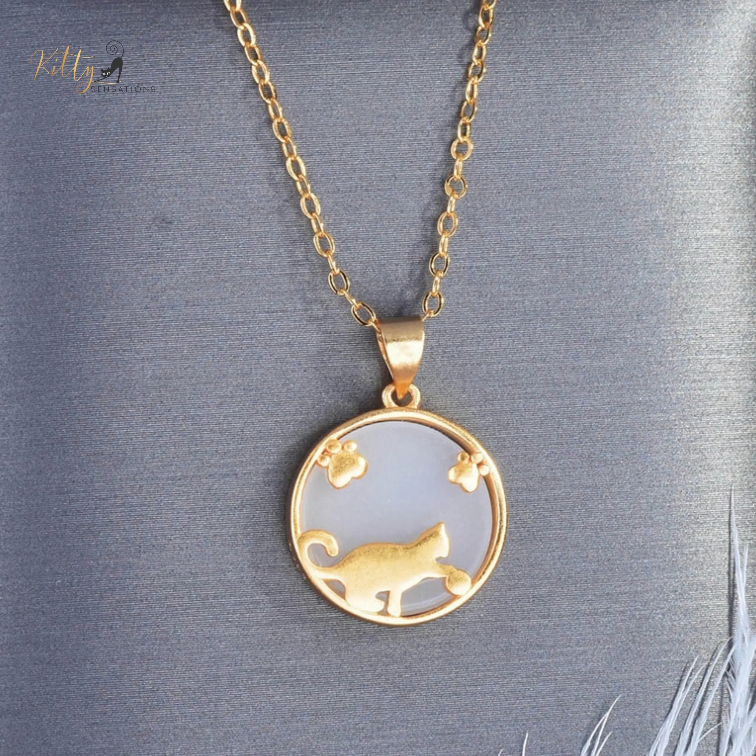 Playful Cat Natural Jade Necklace in Solid 925 Sterling Silver (Gold Plated)