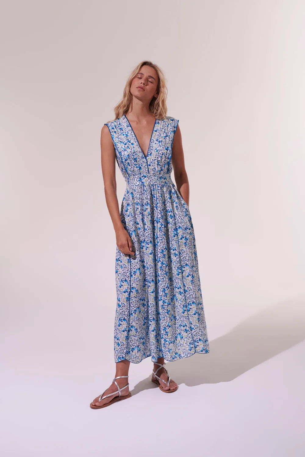 Poupette St Barth - Long Dress Agnes - Blue Mini Jonquille