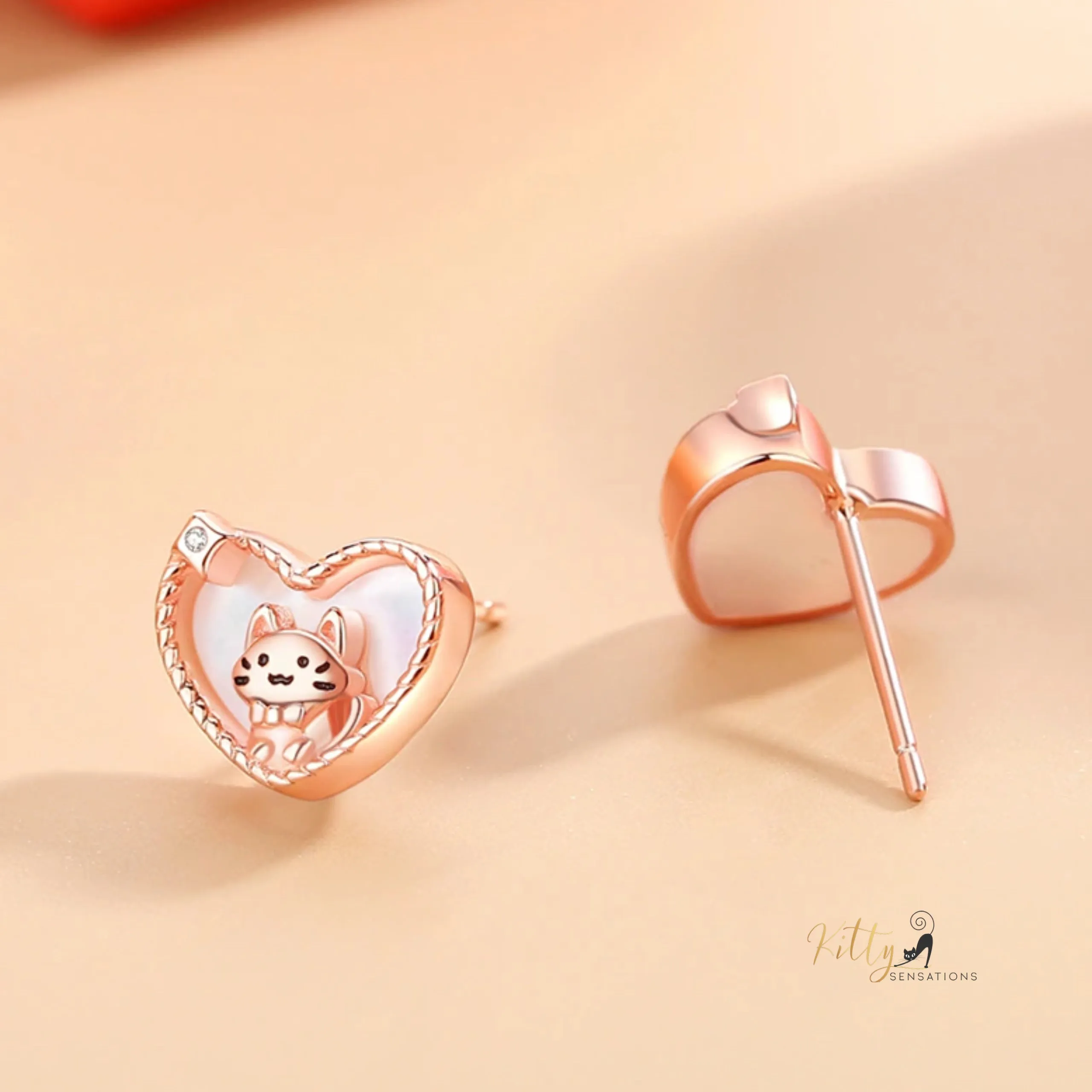 Raised Kitty in Heart Stud Earrings in Solid 925 Sterling Silver - Rose Gold Plated