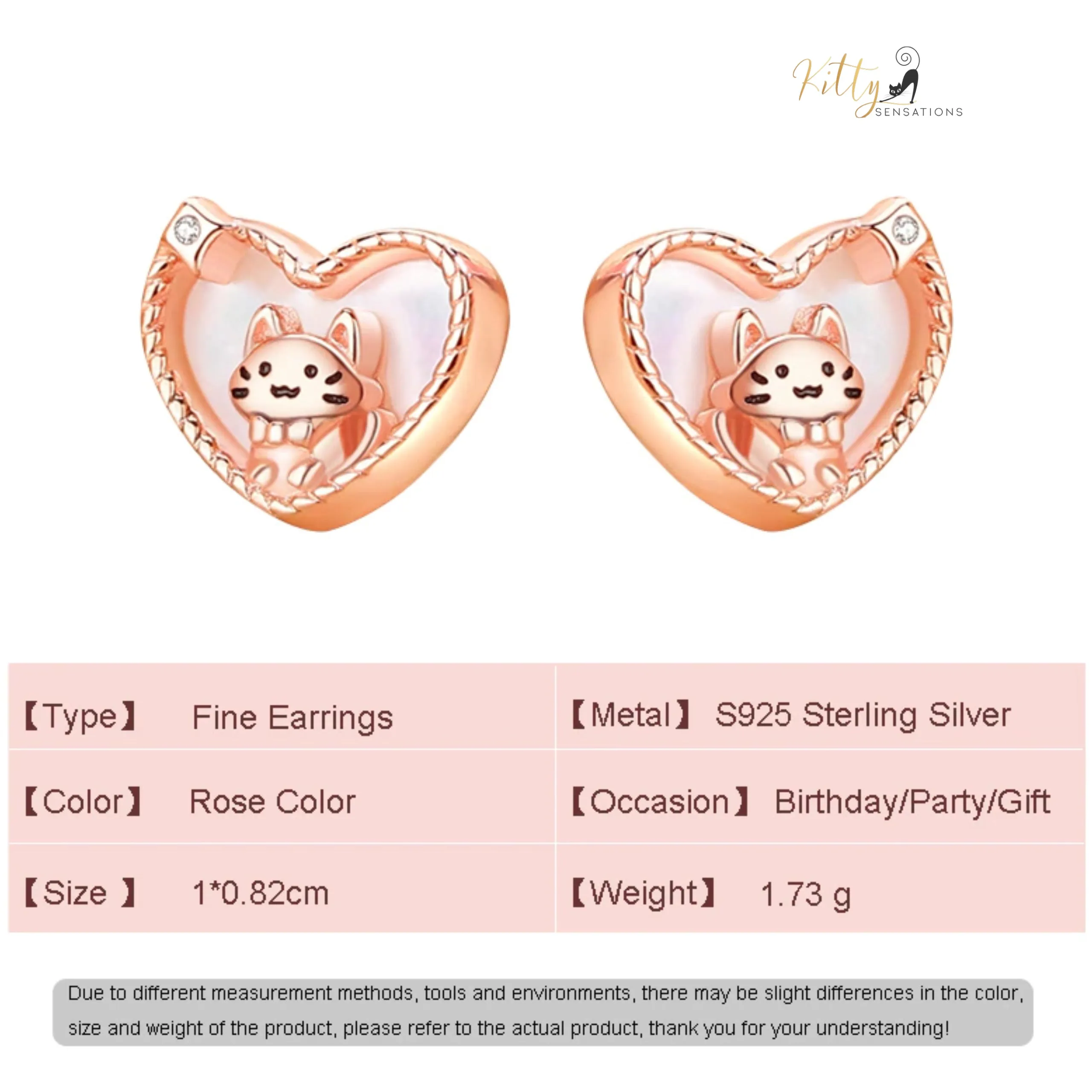 Raised Kitty in Heart Stud Earrings in Solid 925 Sterling Silver - Rose Gold Plated