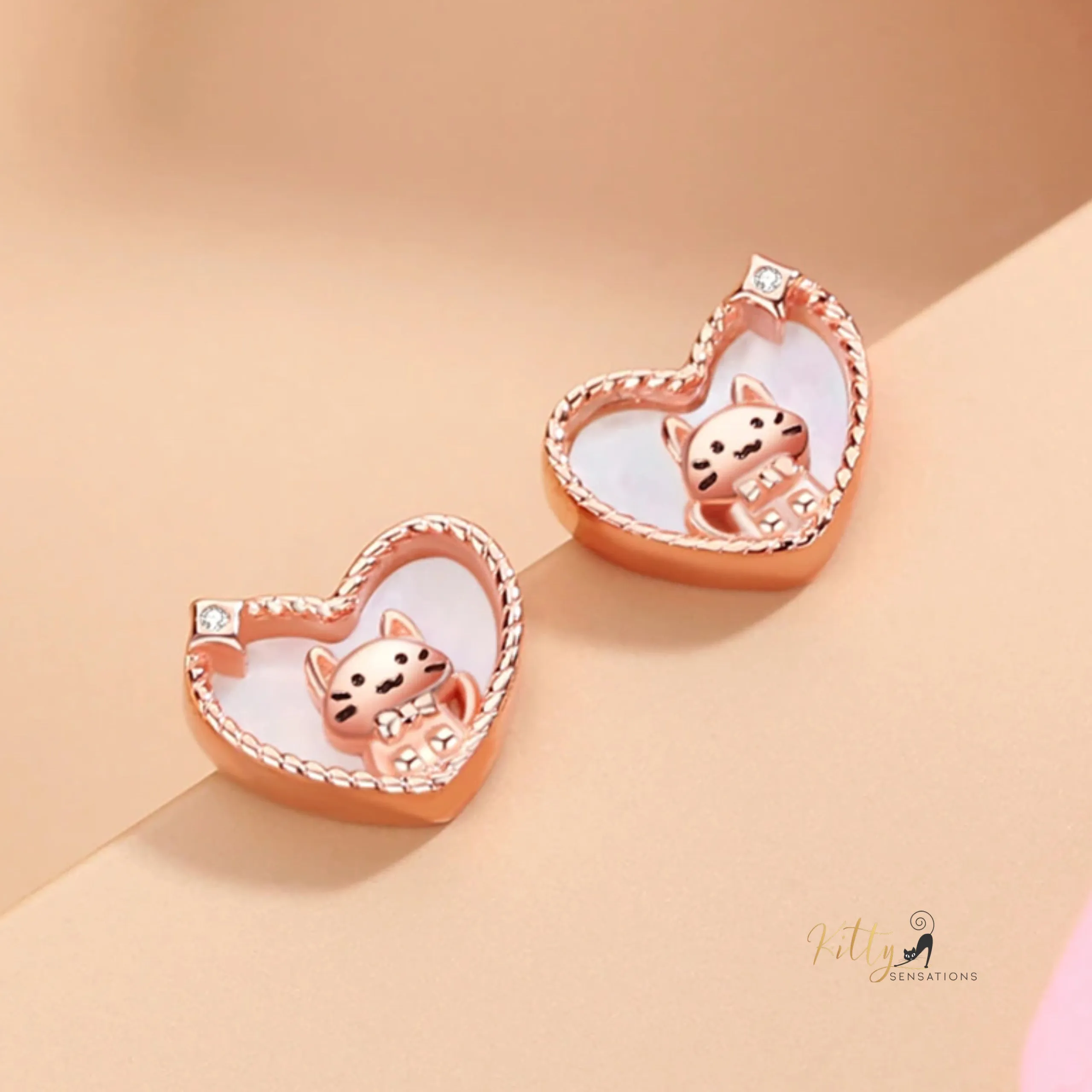 Raised Kitty in Heart Stud Earrings in Solid 925 Sterling Silver - Rose Gold Plated