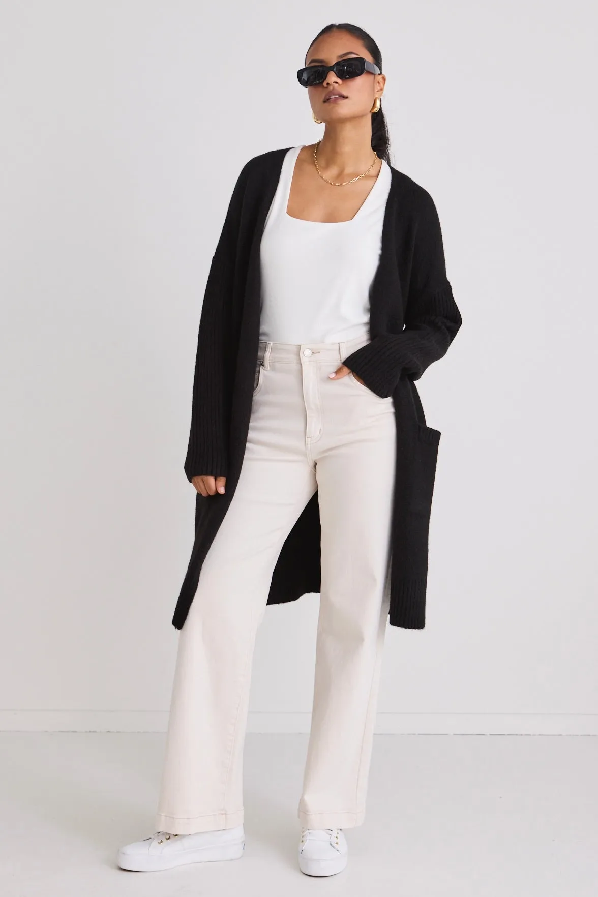 Secure Black Longline Knit Cardigan with Pockets