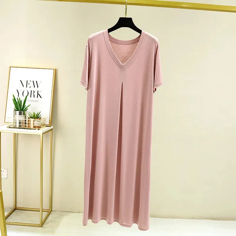 Summer Modal Casual Dress V-Neck short sleeves Plus size full-skirted dresses Loose Long sleepdress