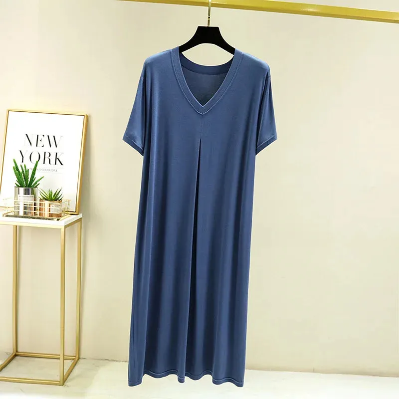 Summer Modal Casual Dress V-Neck short sleeves Plus size full-skirted dresses Loose Long sleepdress