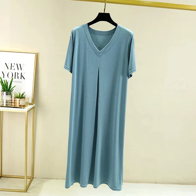 Summer Modal Casual Dress V-Neck short sleeves Plus size full-skirted dresses Loose Long sleepdress