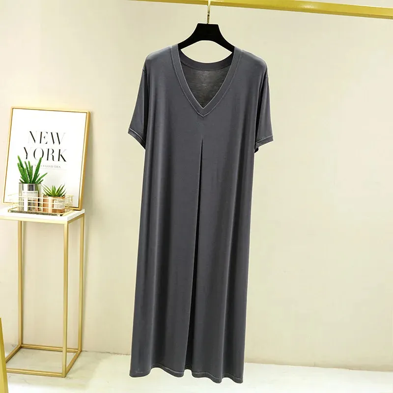 Summer Modal Casual Dress V-Neck short sleeves Plus size full-skirted dresses Loose Long sleepdress