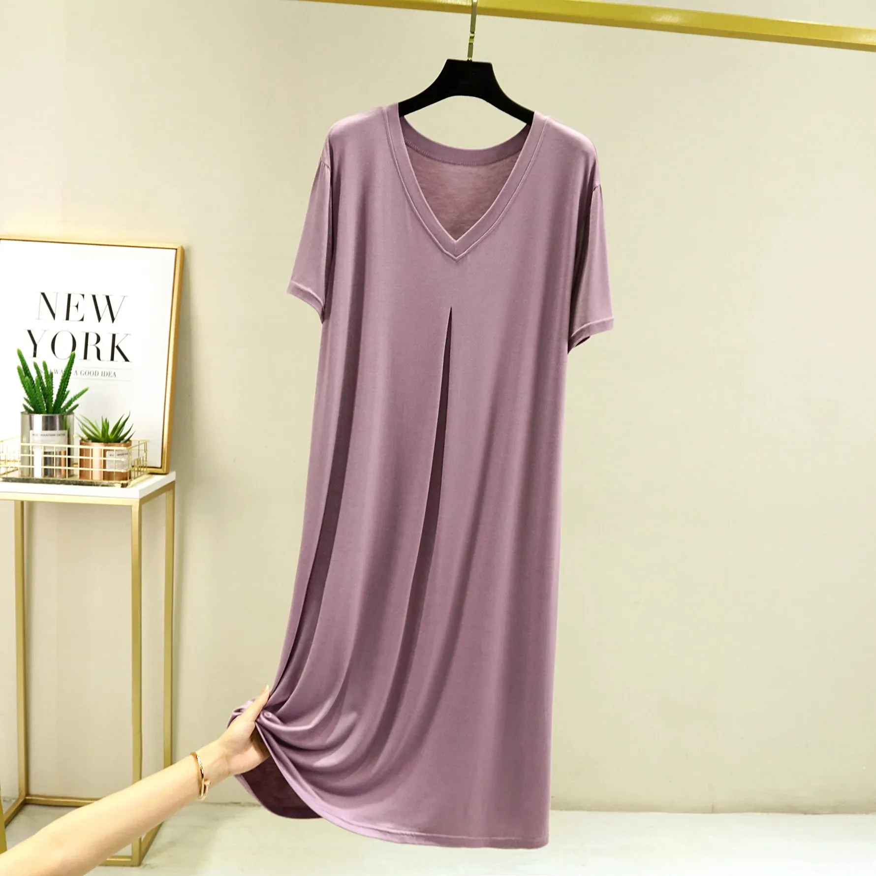 Summer Modal Casual Dress V-Neck short sleeves Plus size full-skirted dresses Loose Long sleepdress