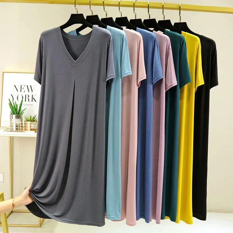 Summer Modal Casual Dress V-Neck short sleeves Plus size full-skirted dresses Loose Long sleepdress