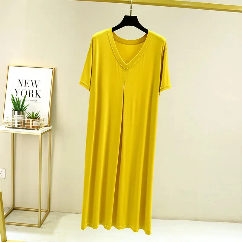 Summer Modal Casual Dress V-Neck short sleeves Plus size full-skirted dresses Loose Long sleepdress