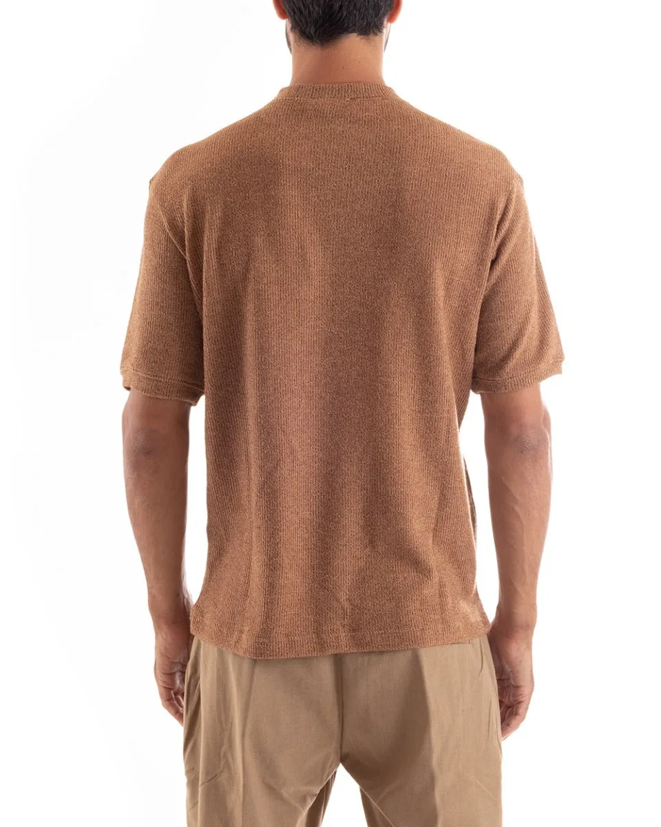 T-shirt Uomo Maglia Manica Corta Girocollo Tinta Unita Camel Casual GIOSAL