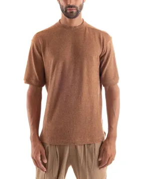 T-shirt Uomo Maglia Manica Corta Girocollo Tinta Unita Camel Casual GIOSAL