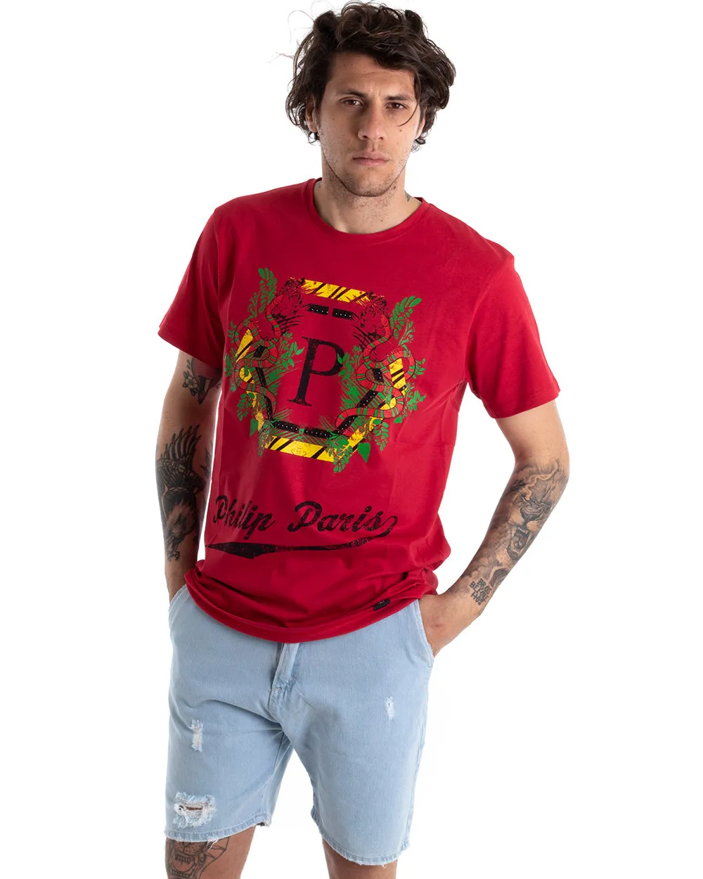 T-shirt Uomo Manica Corta Stampa Girocollo Rossa Casual GIOSAL