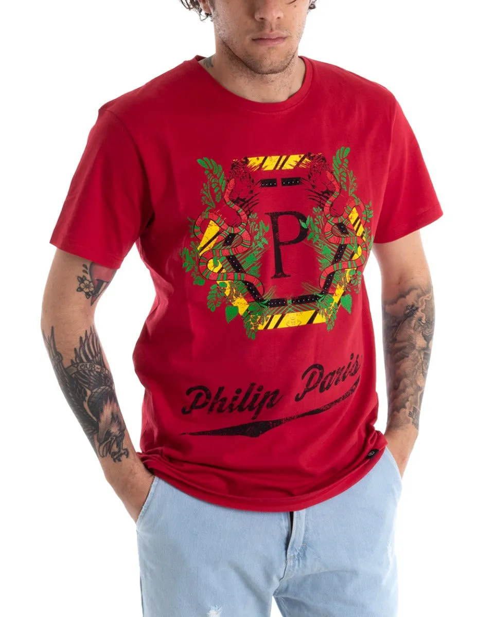 T-shirt Uomo Manica Corta Stampa Girocollo Rossa Casual GIOSAL