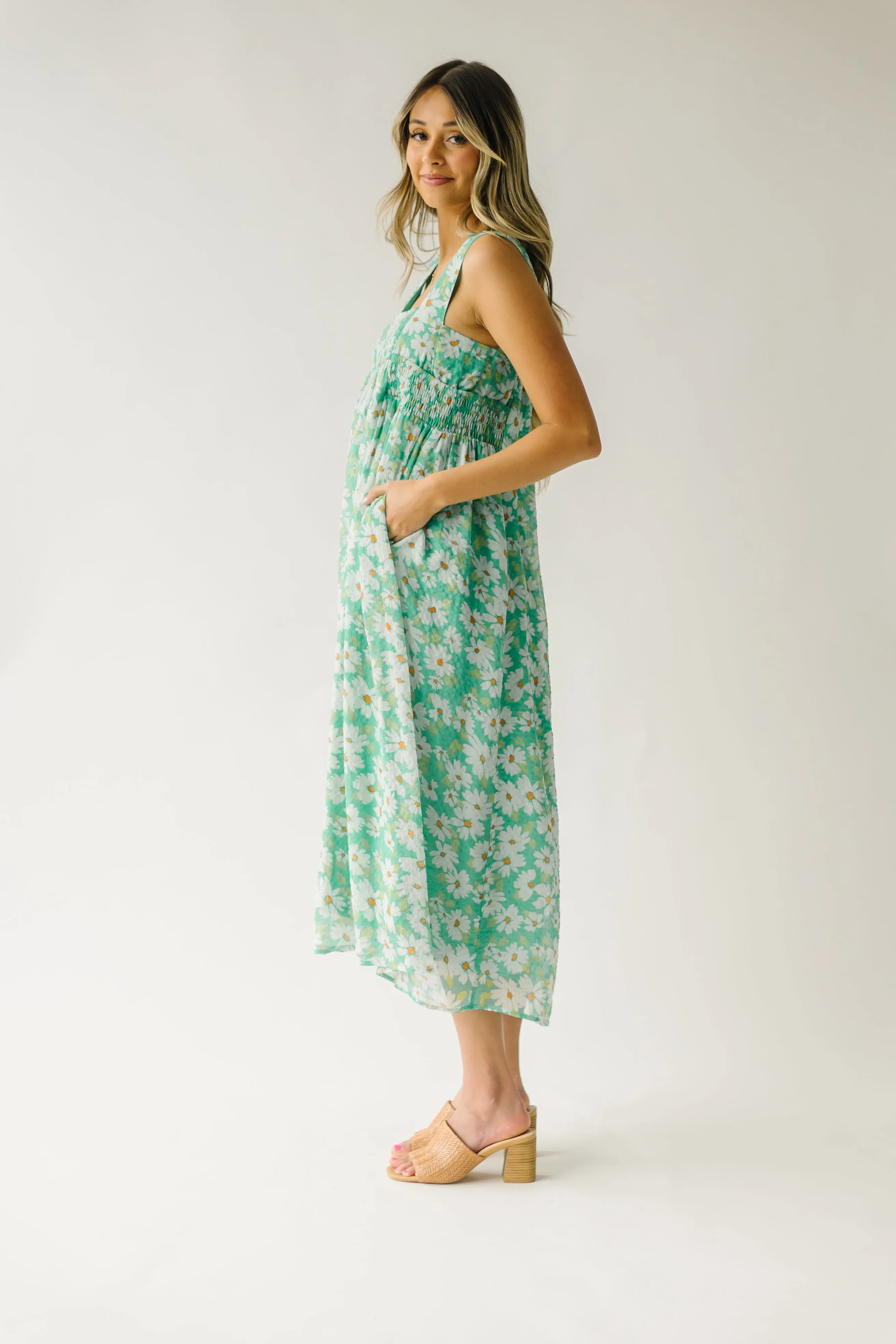 The Hattie Smocked Floral Midi Dress in Green