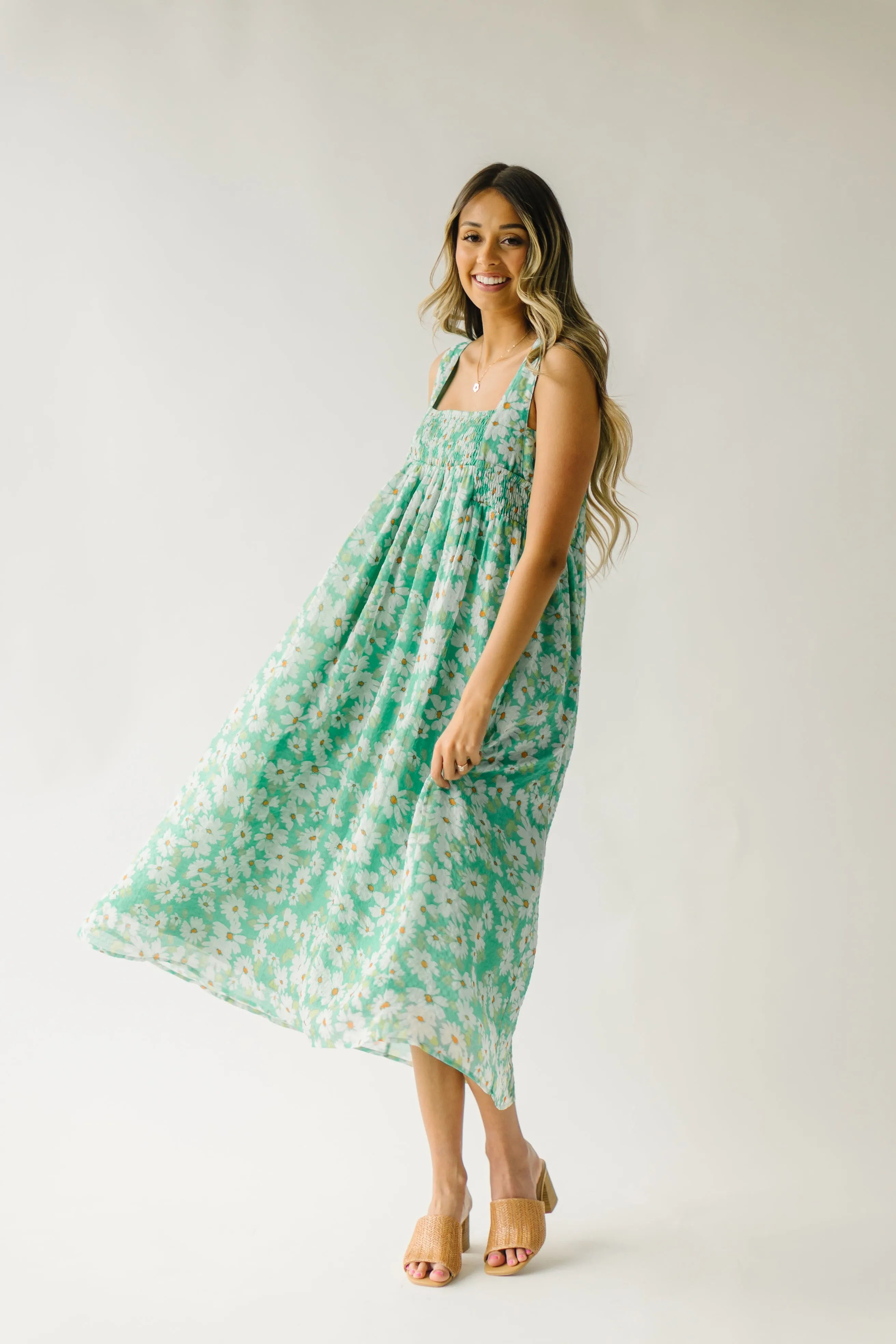 The Hattie Smocked Floral Midi Dress in Green