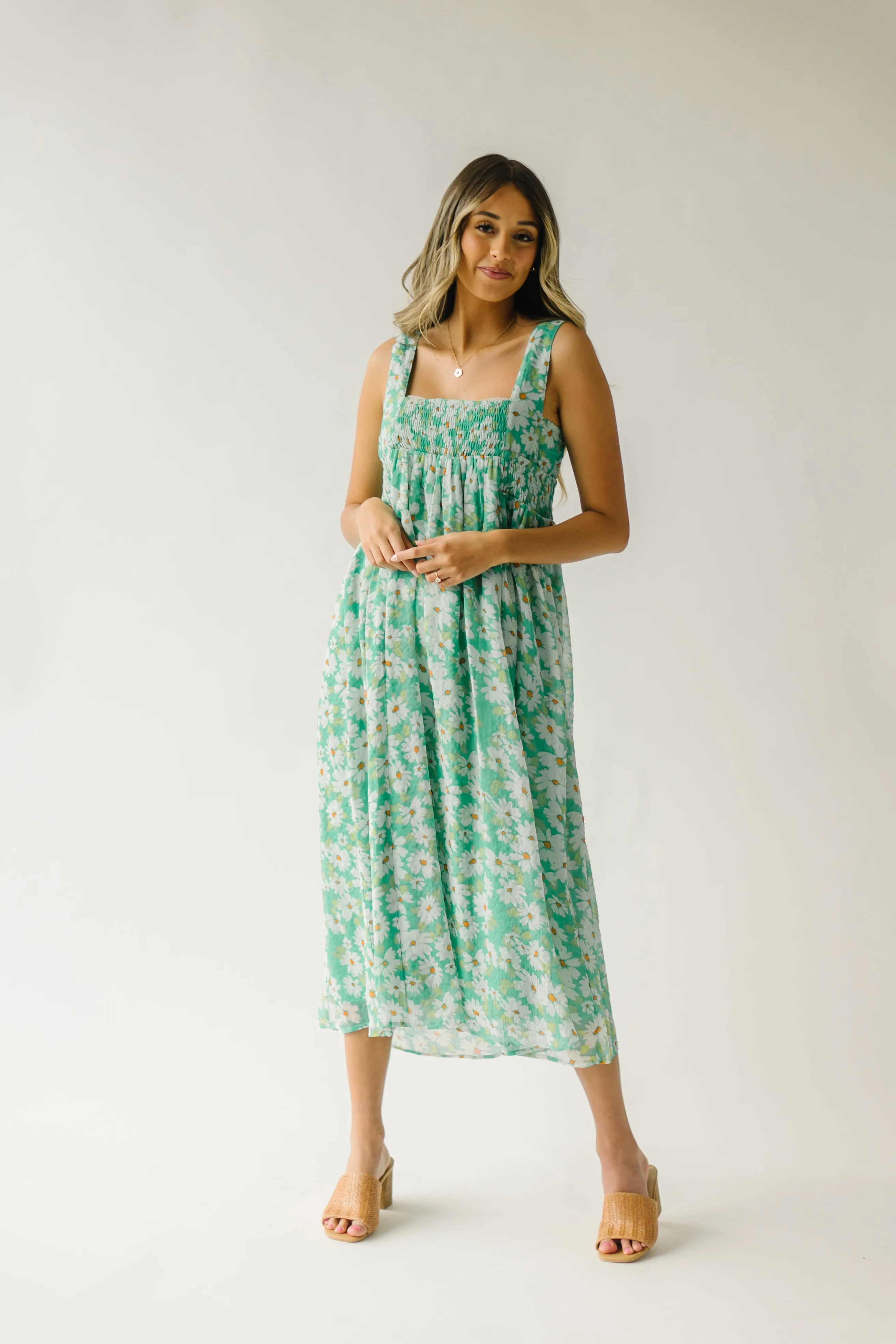 The Hattie Smocked Floral Midi Dress in Green