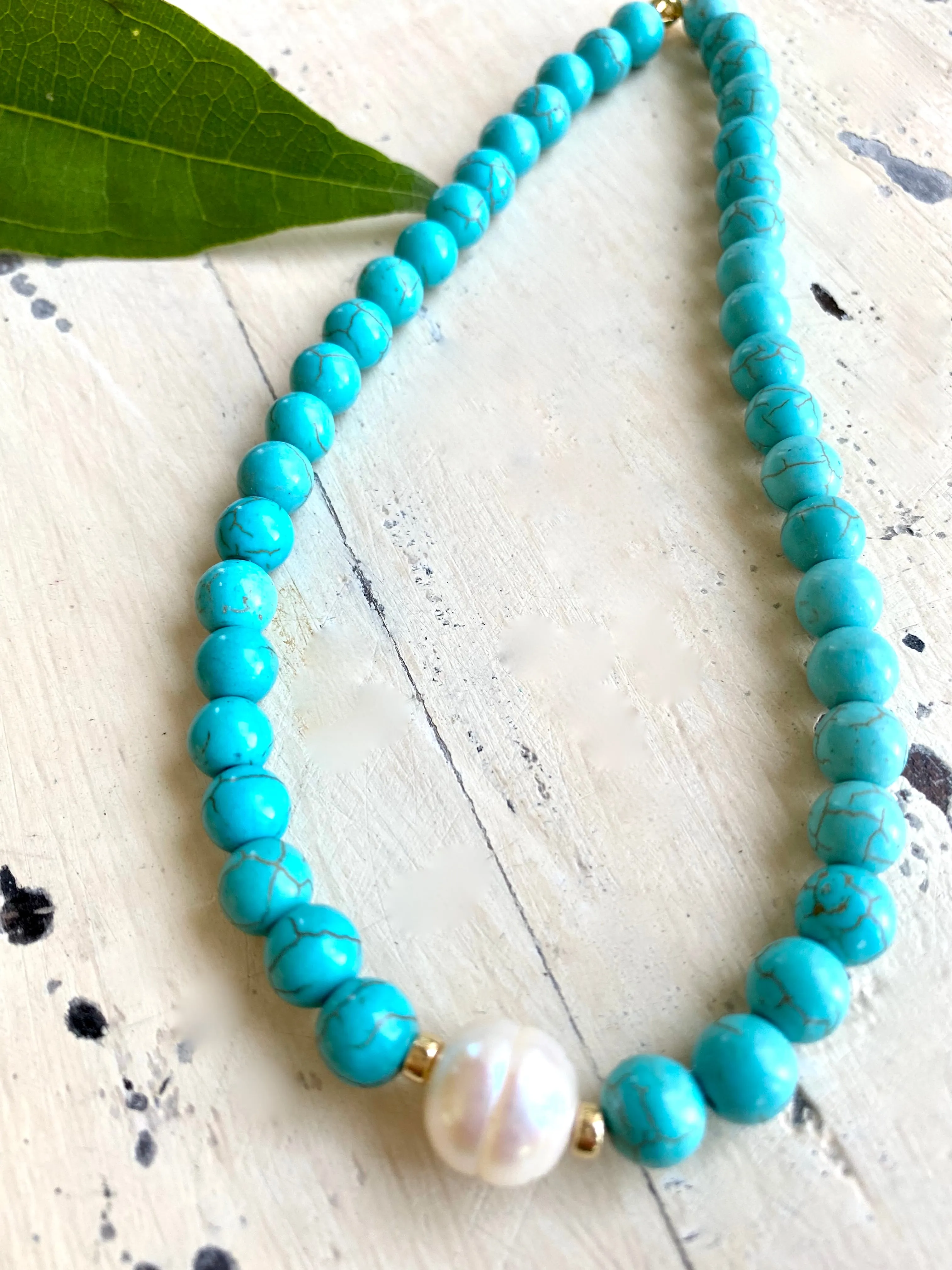 Turquoise with Fresh Water Pearl Choker Necklace, Gold Filled, Summer Jewelry, 14or 15inches