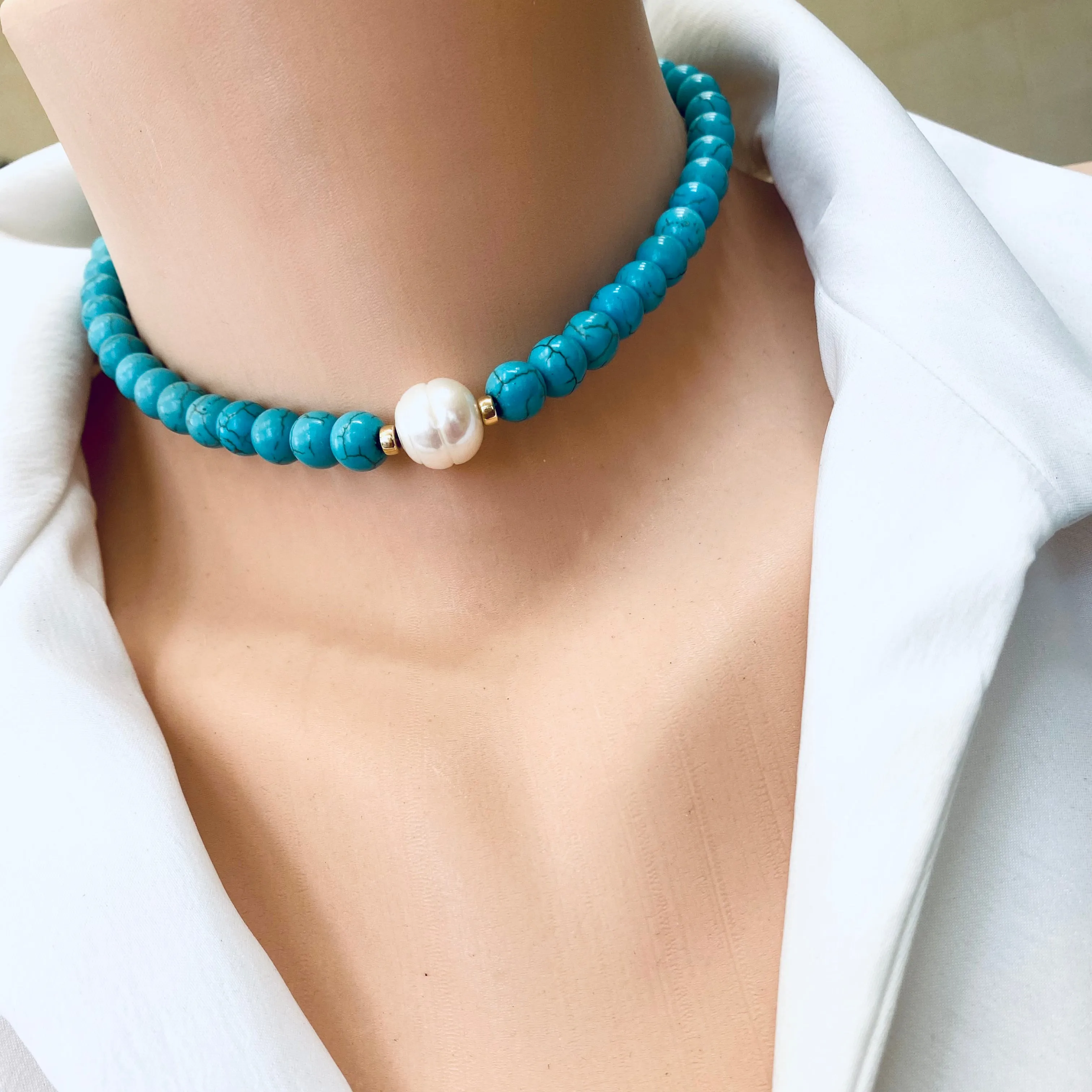 Turquoise with Fresh Water Pearl Choker Necklace, Gold Filled, Summer Jewelry, 14or 15inches