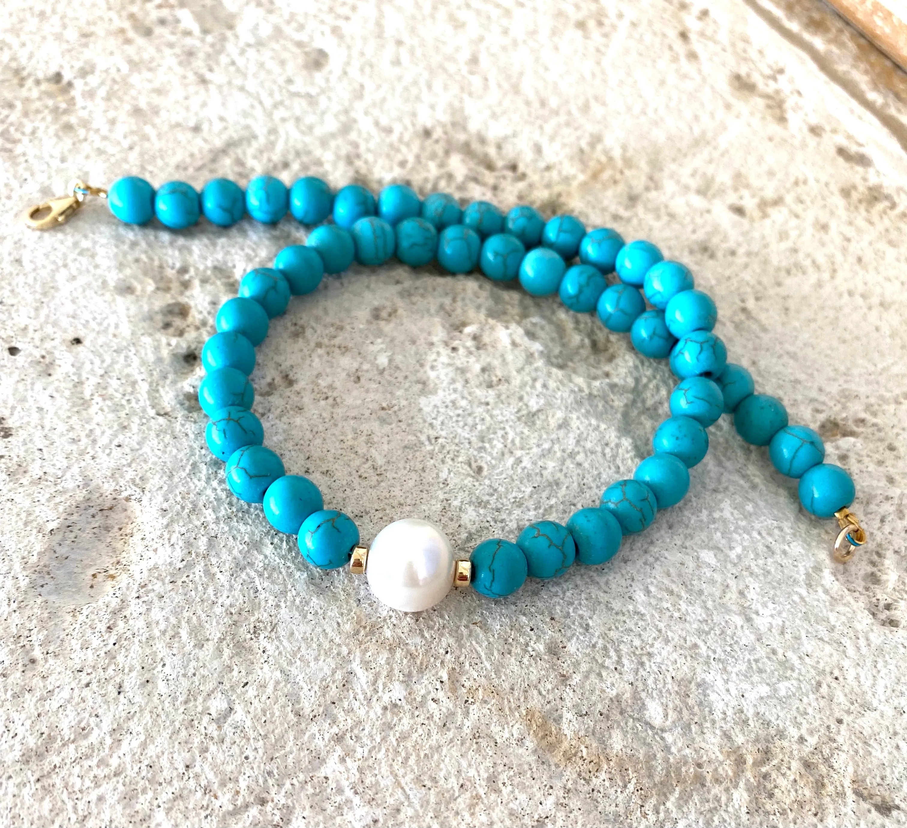 Turquoise with Fresh Water Pearl Choker Necklace, Gold Filled, Summer Jewelry, 14or 15inches