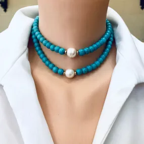 Turquoise with Fresh Water Pearl Choker Necklace, Gold Filled, Summer Jewelry, 14or 15inches