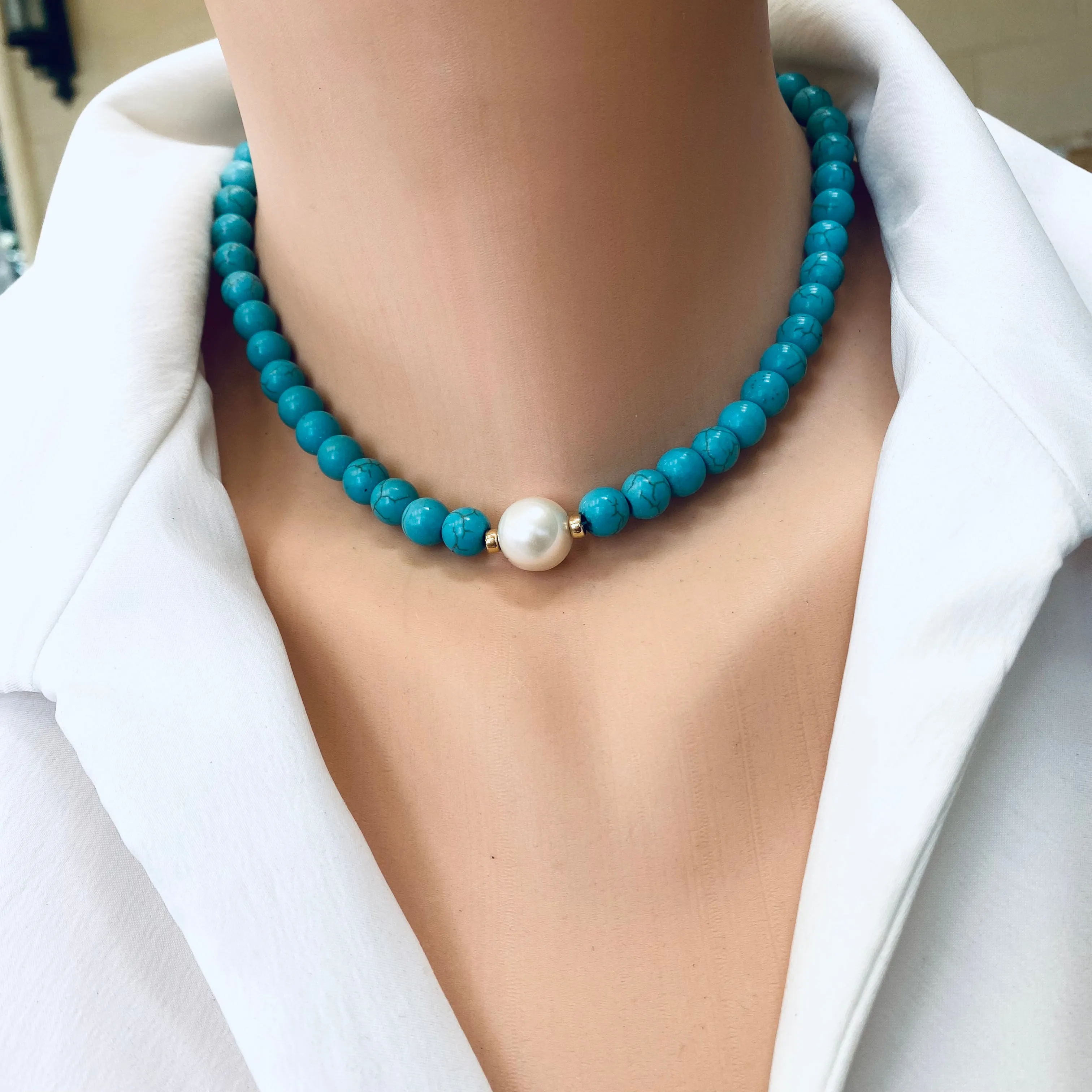 Turquoise with Fresh Water Pearl Choker Necklace, Gold Filled, Summer Jewelry, 14or 15inches