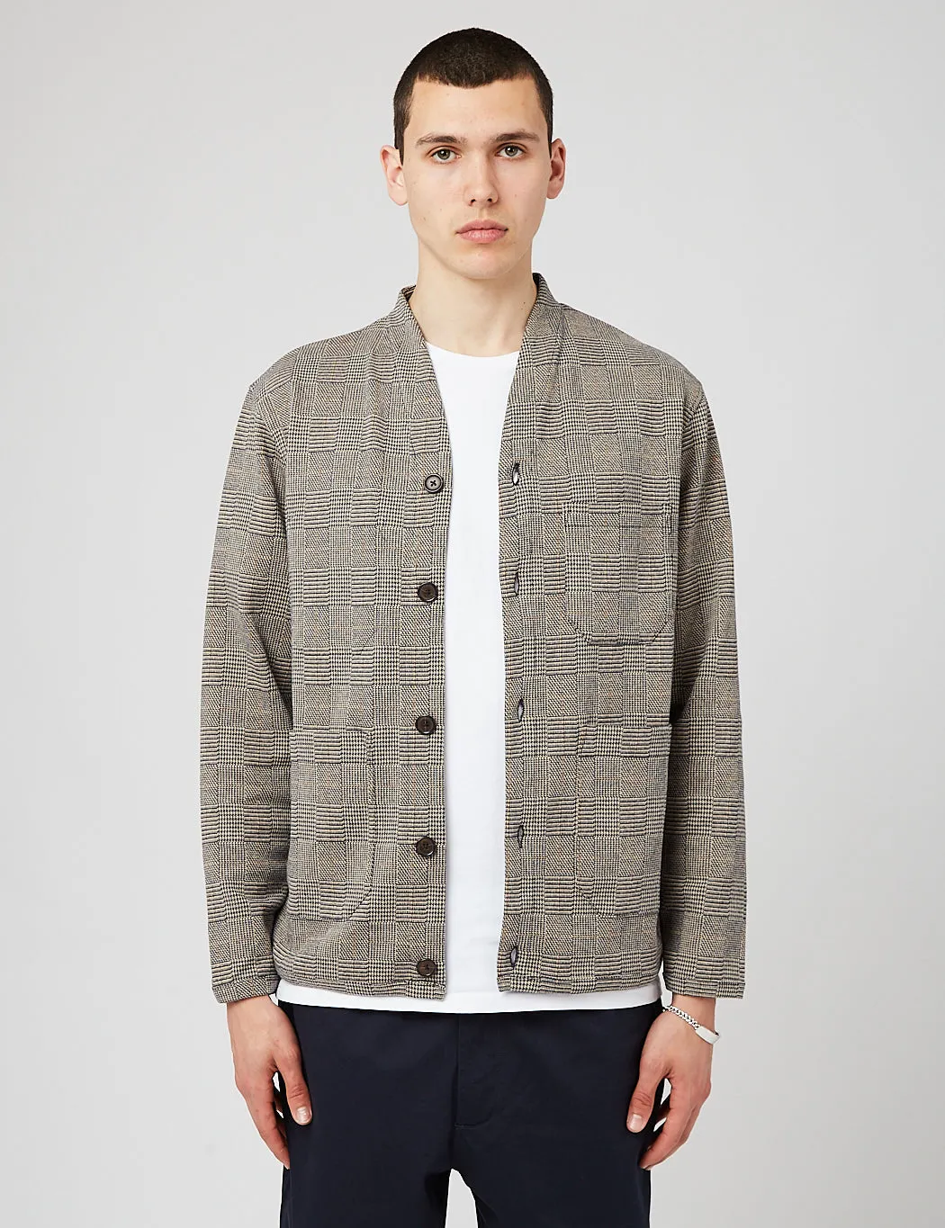 Universal Works Prince Wales Check Fleece Cardigan - Grey