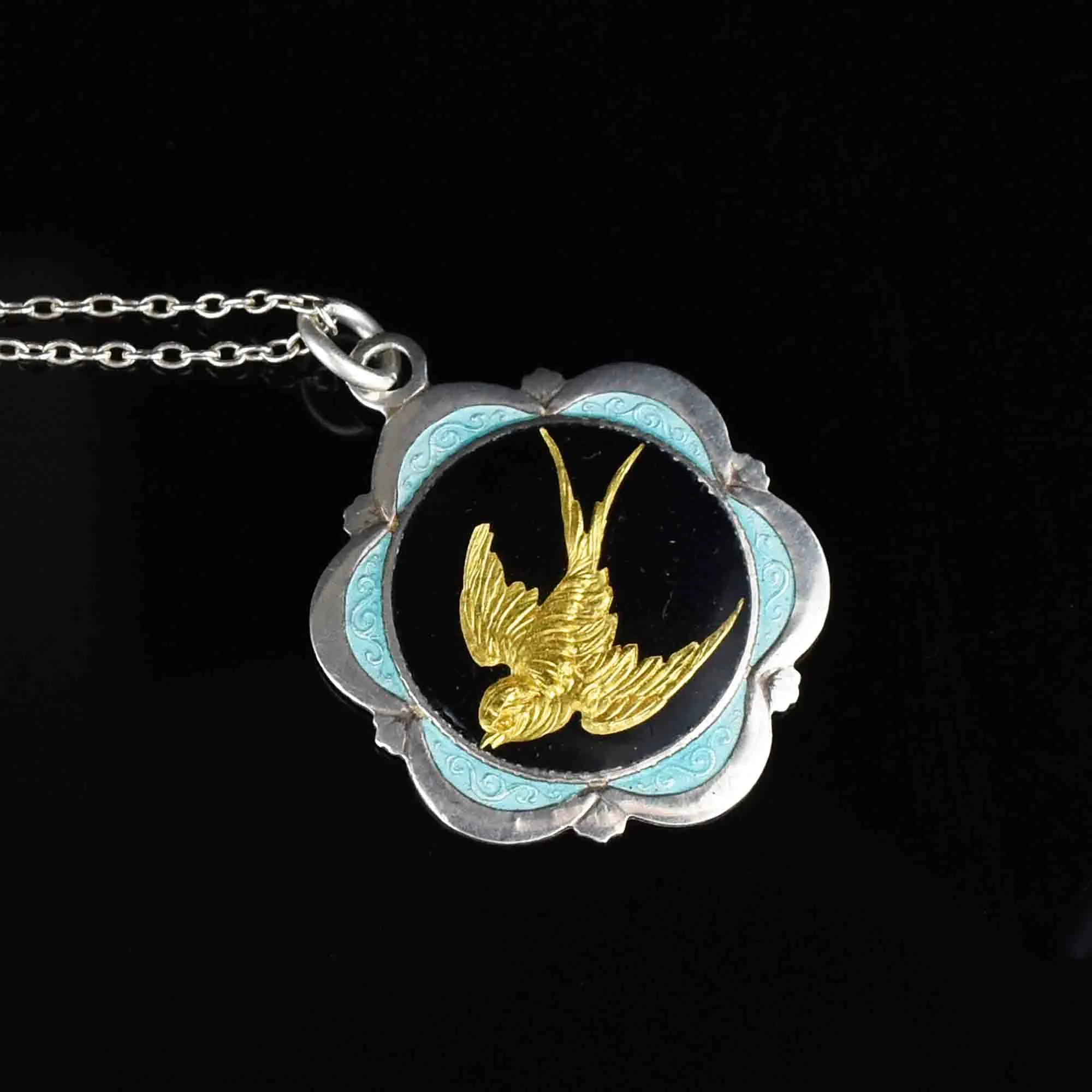 Vintage Art Deco Gold Swallow Enamel Pendant Necklace