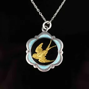 Vintage Art Deco Gold Swallow Enamel Pendant Necklace