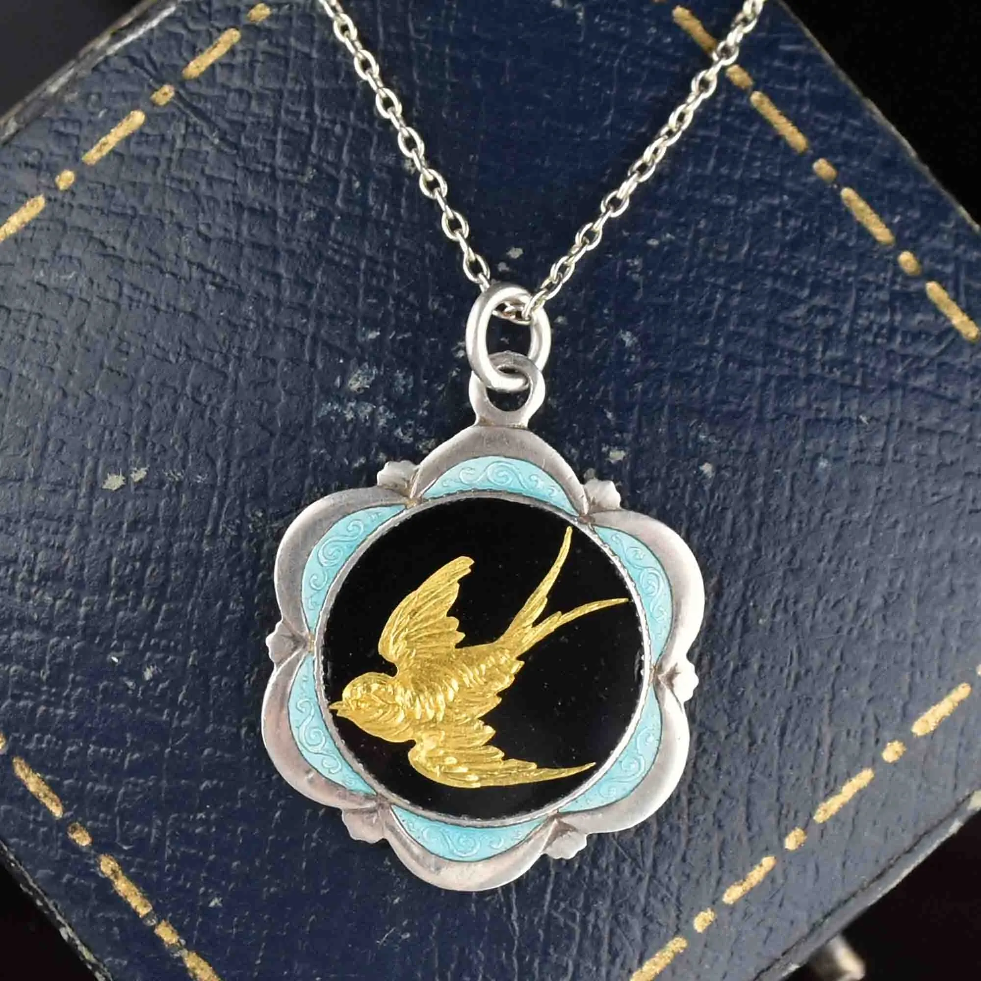 Vintage Art Deco Gold Swallow Enamel Pendant Necklace